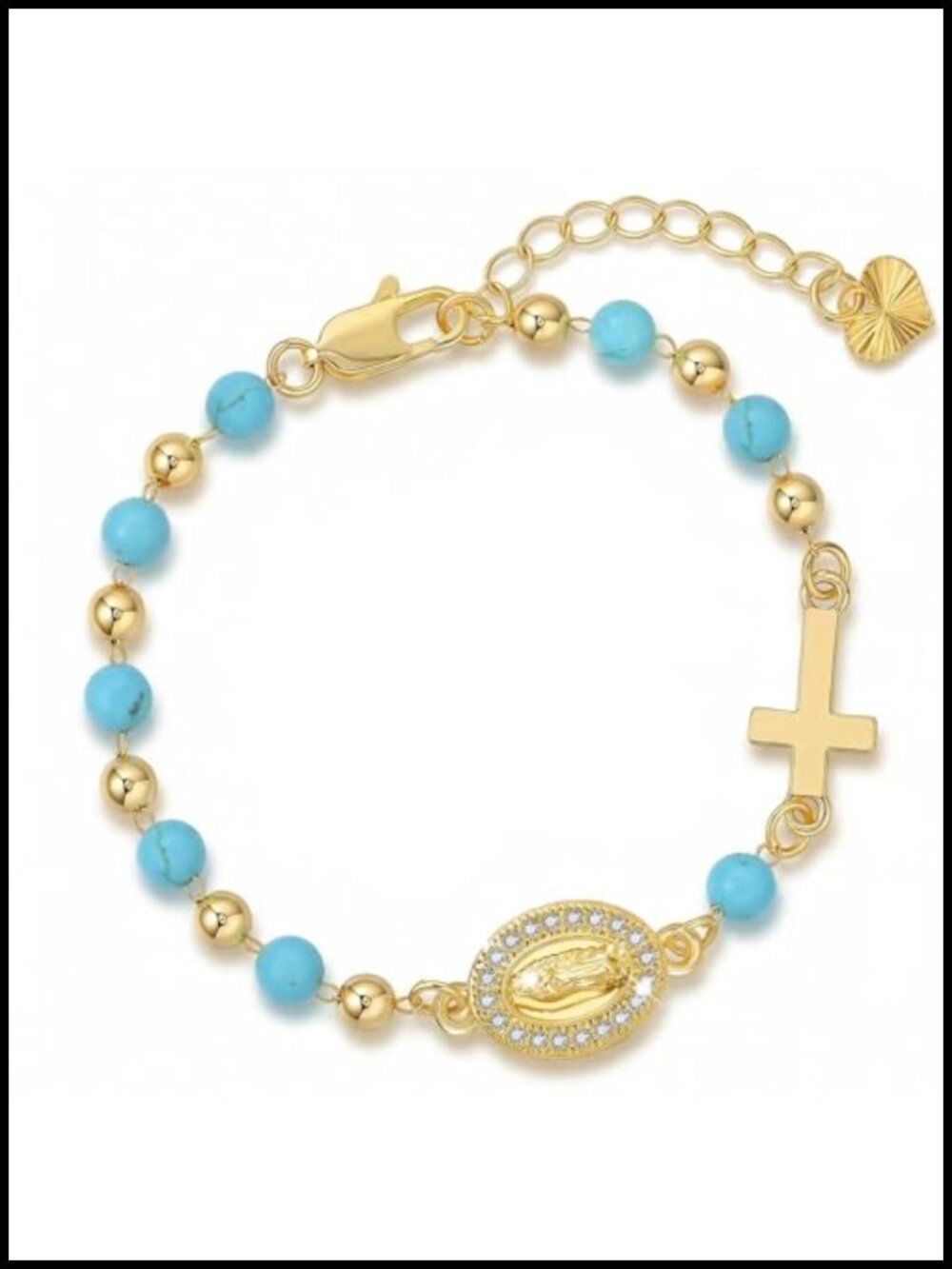 14K Gold Plated Virgin Mary Bracelet, Religious Cross Beaded Bracelet
